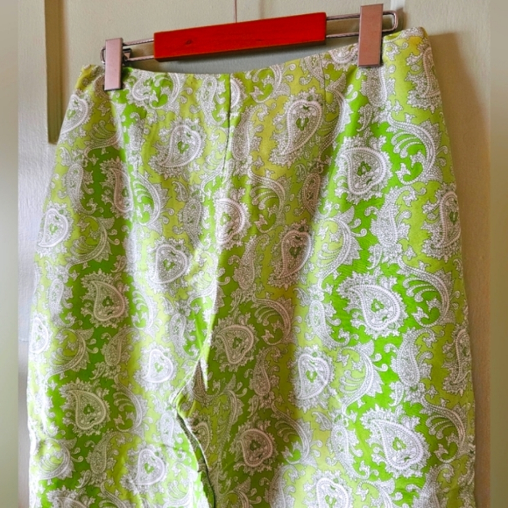 100% silk paisley print green white vintage capri pants 60s 70s hippie retro - Picture 9 of 11